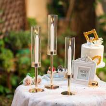 3-Piece Elegant Retro Gold Hurricane Candle Holders Set, Glass Candle Holders With Crystal Chimneys, Brass Candle Holders, Suitable For Wedding, Party, Birthday, Centerpiece Decor Gifts Graduation - Gold - View 1