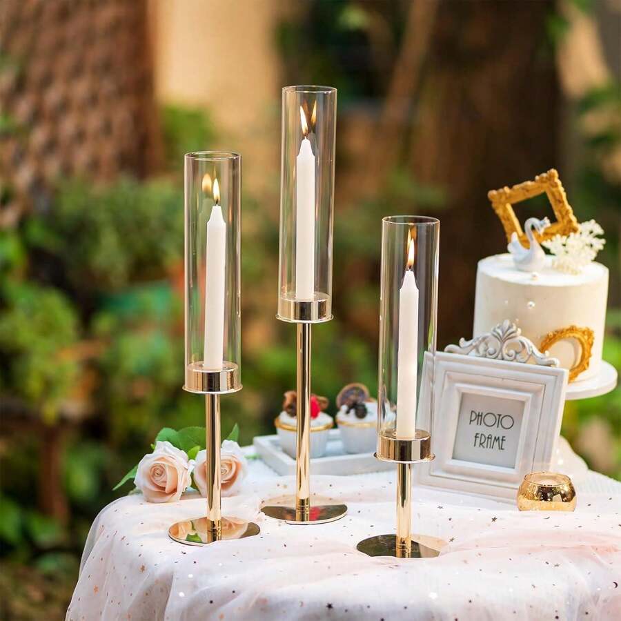 3-Piece Elegant Retro Gold Hurricane Candle Holders Set, Glass Candle Holders With Crystal Chimneys, Brass Candle Holders, Suitable For Wedding, Party, Birthday, Centerpiece Decor Gifts Graduation - Gold - View 1