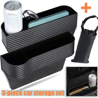 3件套汽车座椅缝隙收纳盒 - 易于安装，可收纳手机、钥匙等物品 - 适用于大多数车型。多功能汽车座椅侧面收纳盒（带杯架）、汽车前排座椅手机收纳盒、2个用于填充座椅缝隙和扶手的汽车内饰收纳盒、便携式垃圾桶、车载收纳袋