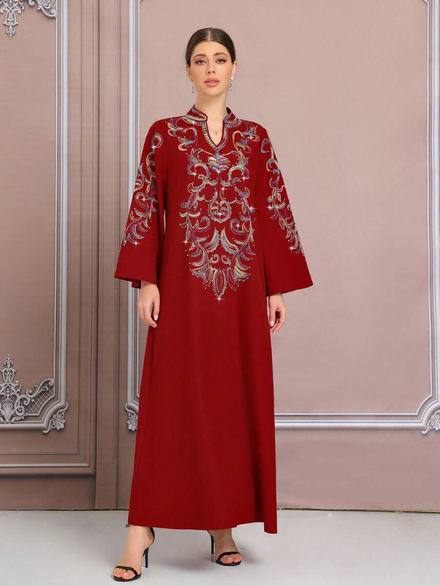 Retro Style Red 3D Embroidered Robe, Elegant Special Occasion Caftan, Dubai Cord Embroidered Plus Size Kaftan Abaya, In-Stock BC4624 (Customized) - Red - View 1