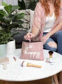 Make-uptas met opdruk van de letters "Happy" en een klein bijenpatroon - lichtgewicht en geurloze reistas van polyester, geschikt voor natuurliefhebbers en vrouwen, leuke multifunctionele canvas tas in cartoonstijl, perfect cadeau voor tieners, verjaardags- en reisaccessoires, vakantiecadeaus, boho-sfeer, voor strandvakanties, badkamercollectie, slaapkamercollectie, grote capaciteit