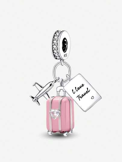 1 pieza Colgante de plata de ley 925 con forma de maleta y avión de color rosa, adecuado para hacer pulseras, brazaletes y accesorios diarios de joyería para mujeres