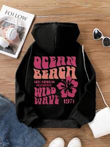 Tween Girl Hooded Printed Sweatshirt, Pocket Sweatshirt, Printed Design - Black - View 2