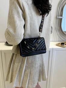 Women's Fashionable Wide Strap Acrylic Chain Small Square Crossbody Bag, Minimalist Design, Versatile For Work & Daily Use - Black - View 6