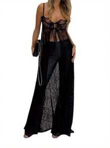 Women's See Through Mesh Sheer Lace Patchwork Maxi Dress Ruffle Backless Bikini Cover--Ups Dress - Black - View 2