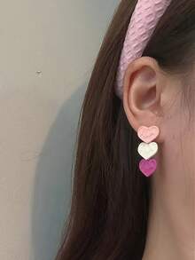 1对粉色渐变心形可爱甜美耳环，少女风 - 彩色 - 查看 3