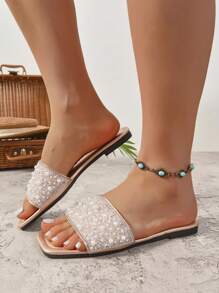 Fashionable Women's High-End Rhinestone Decorated Flat Sandals, Comfortable Slip-On Design, Outdoor Shoes For Daily Wear, Versatile Ladies Fashionable Colors