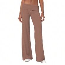 Women Y2k Palazzo Yoga Pants Fold Over Flare Leggings Low Rise Solid Color Stretch Casual Wide Leg Pants Comfy Lounge Pants Bootcut Bell Bottoms Baggy Sweatpants Streetwear - 棕色 - 查看 2