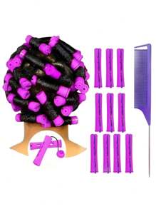 1 套卷发器套装，适合自然发质，是女性、青少年和女孩的理想 DIY 发型设计工具，粉色配件 - 彩色 - 查看 1