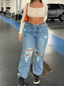 跨境热卖美国辣妹街头宽松休闲破洞中腰束腰弹力腰大码女牛仔裤
