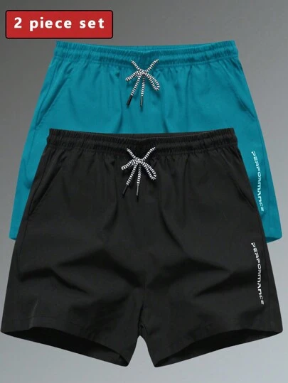 2 件男士透气运动短裤，带抽绳，口袋印花，适合日常穿着