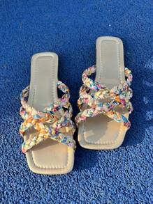 Sandálias Rasteiras Femininas, Boho Tricotadas de Dedo Aberto, Chinelos de Praia de Verão
