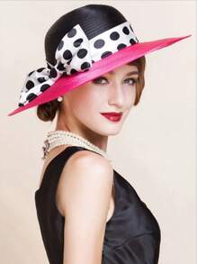 HIMESPORT 女士宽檐波点布艺教堂帽，优雅婚礼茶会礼服肯塔基正式礼帽，配大蝴蝶结沙滩拼接帽，精致高顶礼帽 - A - 查看 6