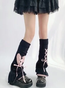 1 pieza Conjunto de piernas anchas de estilo Lolita para mujer, calentadores de piernas con diseño de corazón de cinta de estilo Y2K lindos y dulces, diseño de puños de encaje