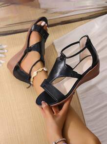 Women's New Arrival Simple Comfortable PU Solid Color Open Toe Wedge Sandals - Black - View 3