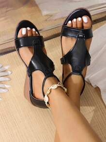 Women's New Arrival Simple Comfortable PU Solid Color Open Toe Wedge Sandals - Black - View 4