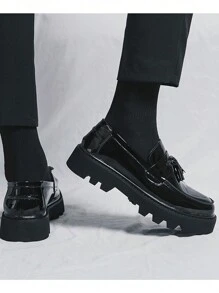 Men's Formal Shoes With Tassel Decor Loafers, Glossy Lightweight Sole, Comfortable - Black - View 8