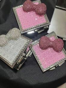 1 件蝴蝶结小镜子，新款法式方形金属小镜子，带闪亮水钻蝴蝶结，双面折叠便携式化妆镜，适合亲戚、朋友、同事、女朋友的装饰礼品 - 彩色 - 查看 5