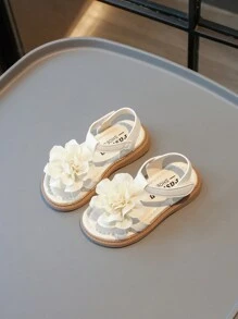 1 Pair Girls Solid Color Leather Open Toe Flower Decor Flat Sandals, Cute For Spring/Summer - Beige - View 5