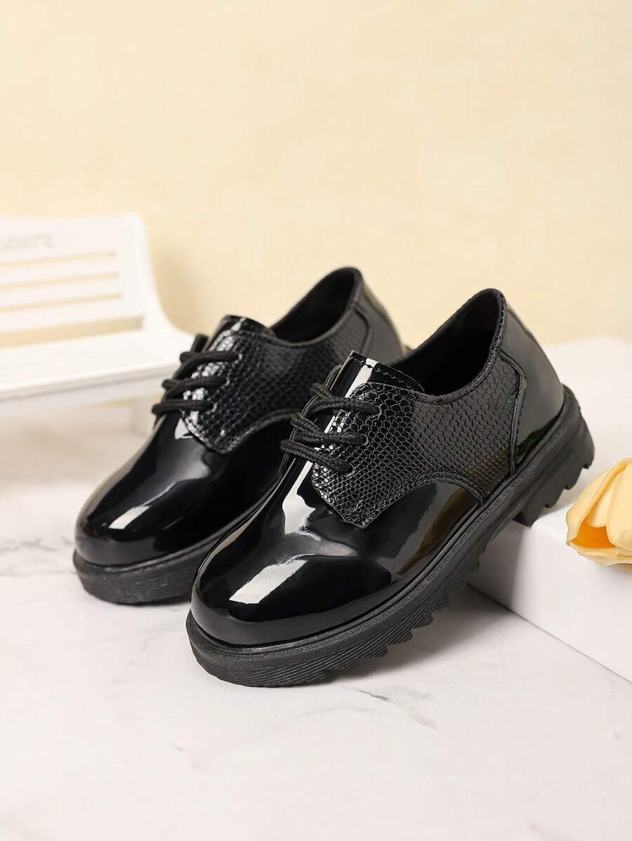 Boys' Fashion Round Toe Lace-Up Black Patent Leather Shoes, Versatile Outdoor Student Shoes, Spring Autumn