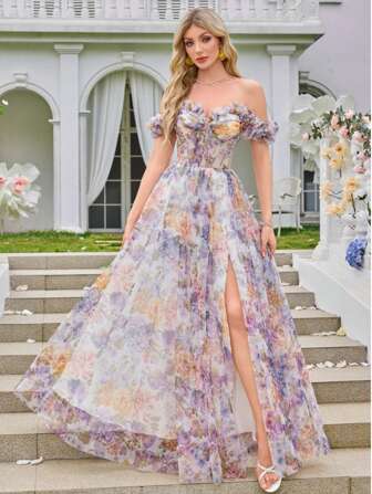 Kexmon Elegant & Romantic Handmade Floral Decor Bardot Long Mesh Floral Slit Formal Party Gown, Heavy-Duty Ladies' Evening Banquet Dress, Wedding Guest Dress, Prom Dress