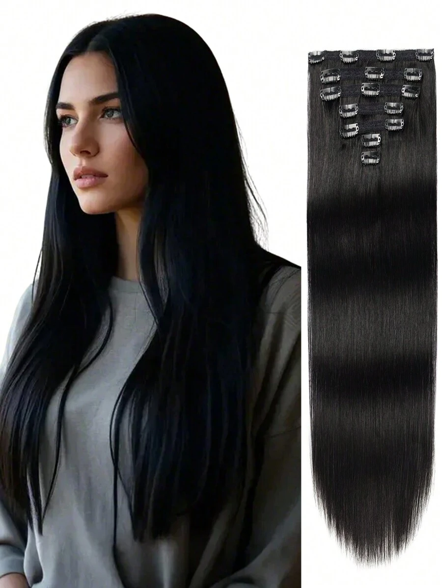 Set de 7 extensiones de cabello humano 100% brasileño Remy con clips, 70g, negro azabache, cabello liso, 16 clips, costura de doble capa