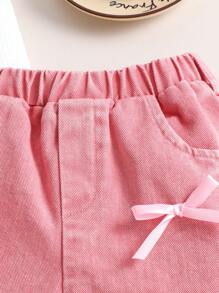女孩夏季休闲翻领无袖上衣和粉色牛仔蝴蝶结短裤套装 - 白色 - 查看 8