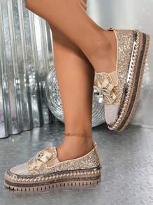 1 双女士金色一脚蹬鞋，2025 新款水钻时尚百搭蝴蝶结设计休闲鞋，适合所有季节