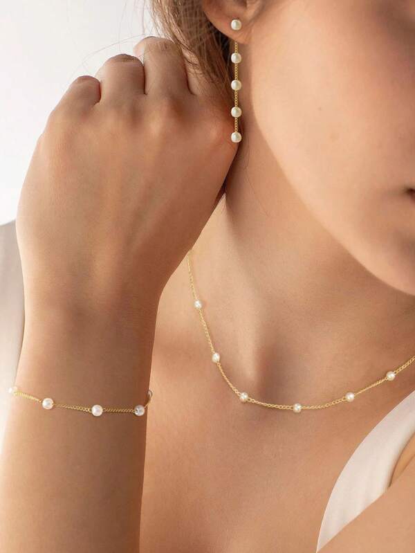4pcs/Set European & American Minimalist Faux Pearl Necklace, Earrings, Bracelet Jewelry Set, Elegant & Versatile Accessory Gift For Women, Suitable For Daily & Work Wear, Autumn/Winter