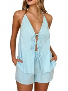 Women's Summer 2 Piece Outfit Halter Tie Up Backless Cami Tops High Elastic Waist Shorts Y2K Going Out Set Caual Vacation Outfit