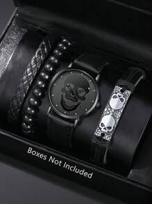 一套男士手表，图案表盘，街头风格，个性化PU表带，石英机芯，配有图案表链，适合日常佩戴、生日礼物、派对、节日聚会，是送给自己或朋友的理想礼物。不含包装。 - 黑色 - 查看 1