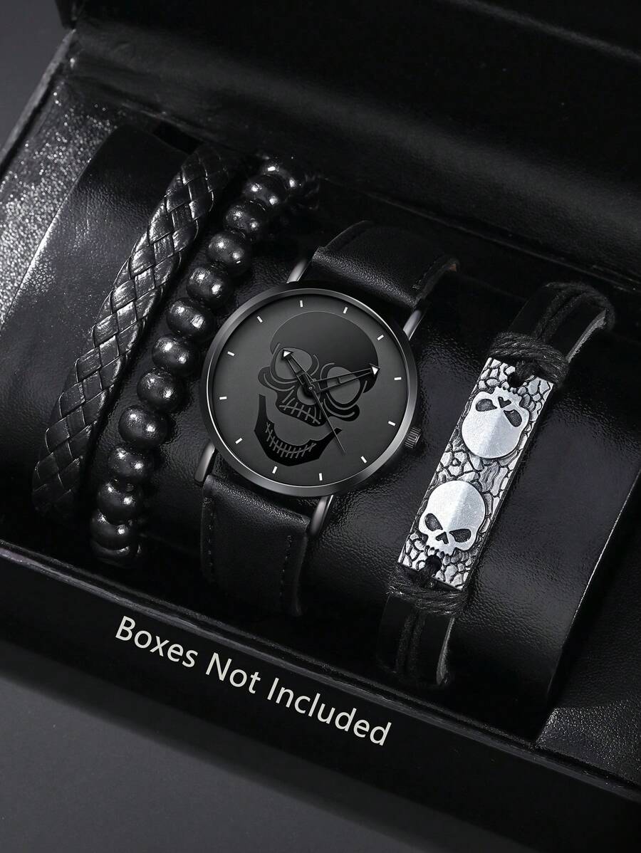 一套男士手表，图案表盘，街头风格，个性化PU表带，石英机芯，配有图案表链，适合日常佩戴、生日礼物、派对、节日聚会，是送给自己或朋友的理想礼物。不含包装。 - 黑色 - 查看 1