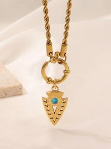 1 pieza Collar con colgante de escudo de piedra natural de acero inoxidable para mujer, color dorado en cadena retorcida de moda