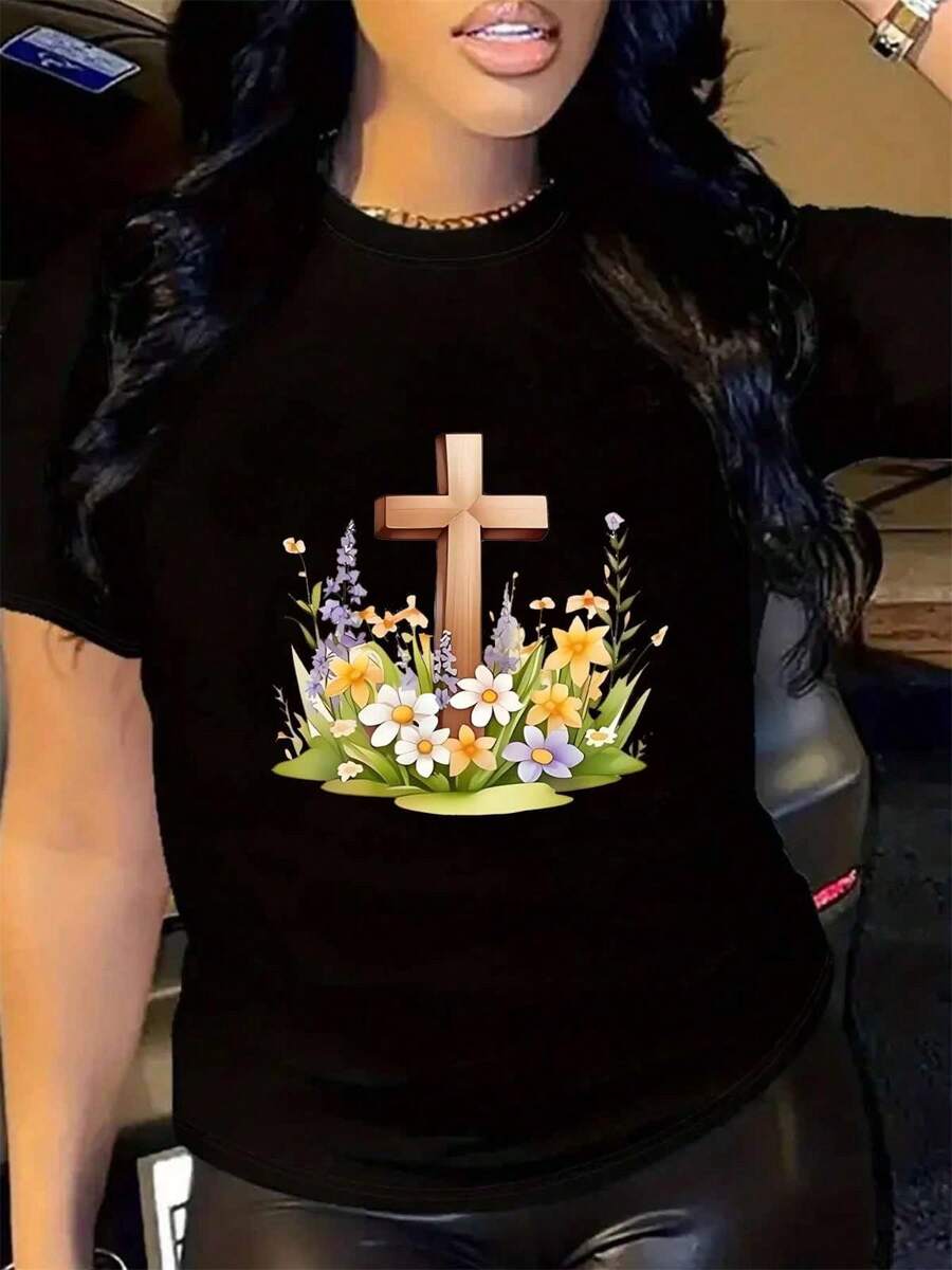Cross Flowers Shirt, Women's Cotton Soft Breathable Comfort-Fit Crew Neck Tee,Womens Easter Tee - 黑色 - 查看 1