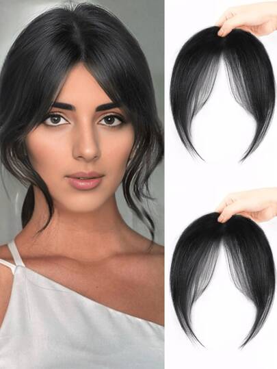 Clip-In Pony Haarverlängerungen - Stirnfransen Clip-Ons für Frauen dunkelbraun, acht Zeichen Luft Pony mit Schläfen Haarteile, geschwungene Pony für Frauen zum täglichen Tragen (dunkelbraun schwarz)