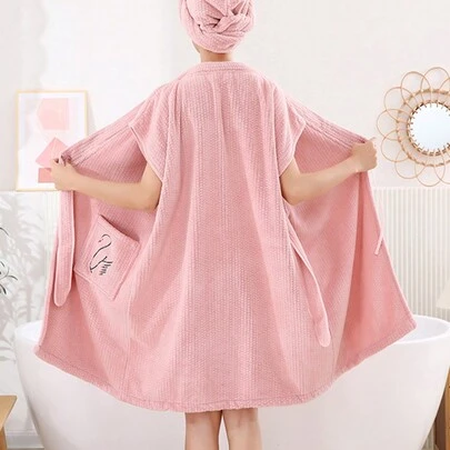 两件套浴袍干发巾套装（浴袍+干发帽），加厚柔软珊瑚绒和服式浴袍，配有干发巾，可作浴袍、浴袍、SPA浴袍，适合女性和女孩使用，配有干发巾，沐浴后超柔软保暖吸水，返校季必备，浴室用品，情人节礼物