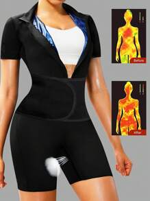 女士四合一桑拿汗蒸服，适合成人全身脂肪锻炼减肥塑身腰部训练器压缩短袖短裤连体衣，带拉链塞和可调节腰部修身腰带，女士户外跑步桑拿汗蒸服