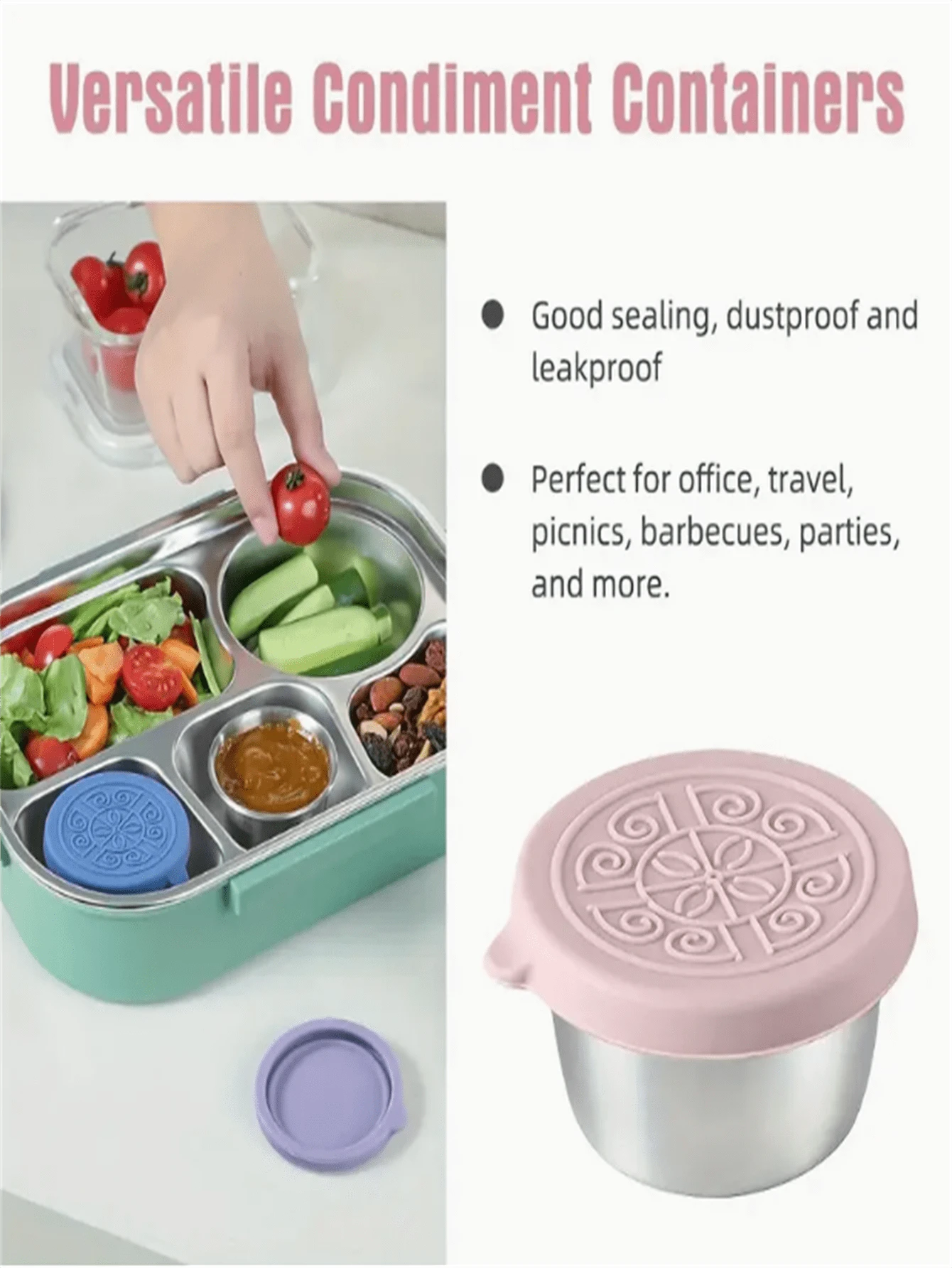 1/6pcs Stainless Steel Seasoning Containers With Silicone Lids, Leak-Proof Anti-Rust Diamond Pattern Mini Dipping Sauce Cups For Lunch Box, Picnic, Travel, Holiday Theme - Brushed Metal Finish