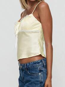 Women's Y2K Satin Cami Tops Summer Sleeveless Open Back Low Cut Slim Fit Camisole Fairycore Lace Trim Tank Tops - 黃色 - 查看 4