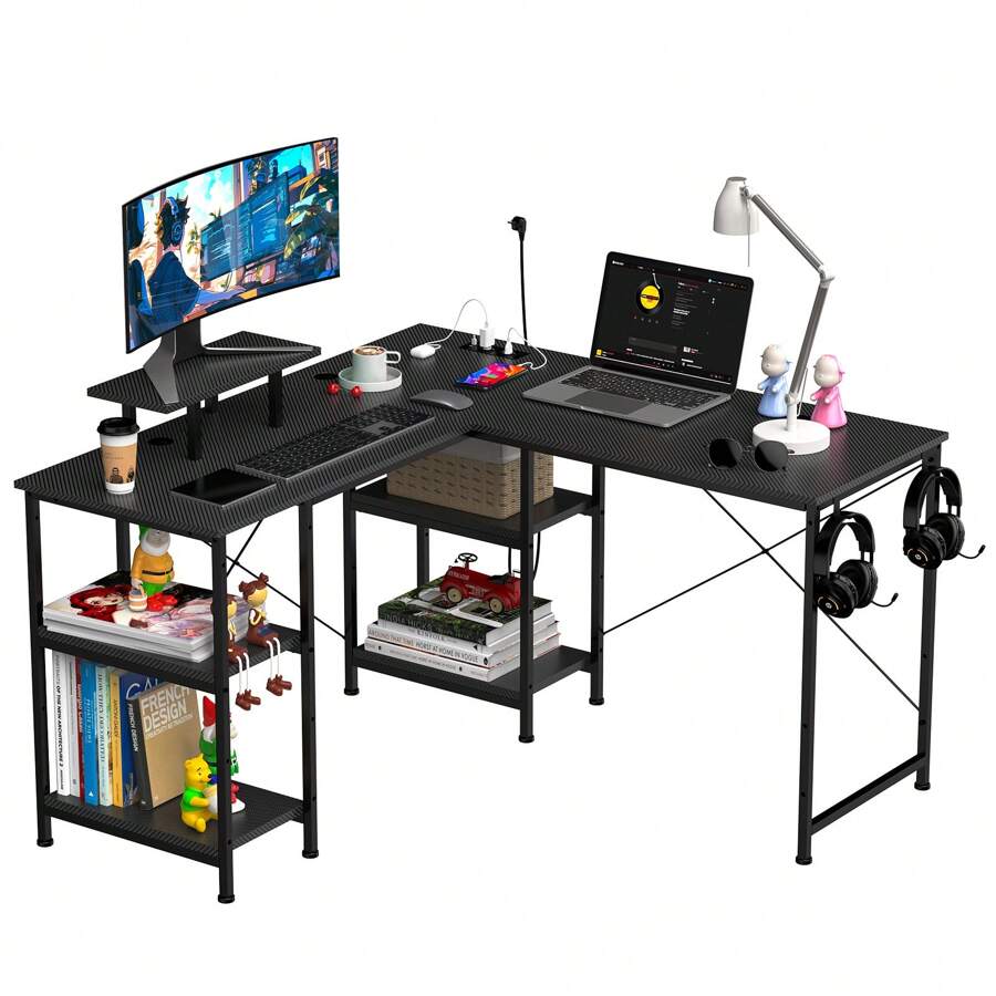 Gaming Desk, Convertible From L To I Shape, Desk With Large Storage Space, With 2 Power Outlets And 2 USB Ports, 130 X 50 X 74 Cm, Black - 黑色 - 查看 1