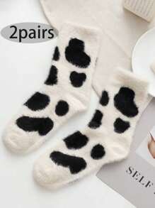 Bộ 2 đôi tất nhung họa tiết chấm sữa, có lót, dày dặn, dễ thương, tất dài đến đầu gối ấm áp khi ở nhà, ấm áp - Nhiều màu - Xem 4