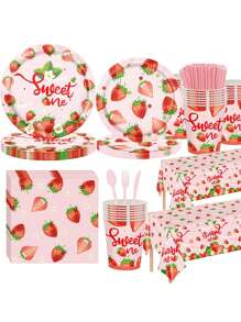 Strawberry Themed Supplies For Girls Sweet Birthday Party Decorations Berry First Disposable Tableware Set Plates Napkins Cups And Forks Knives