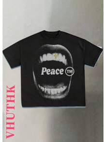 VHUTHK (220 Pure Cotton T-Shirt)    Men's Summer Round Neck Short Sleeved Casual Pure Cotton Print  Y2k Style - 黑色 - 查看 1