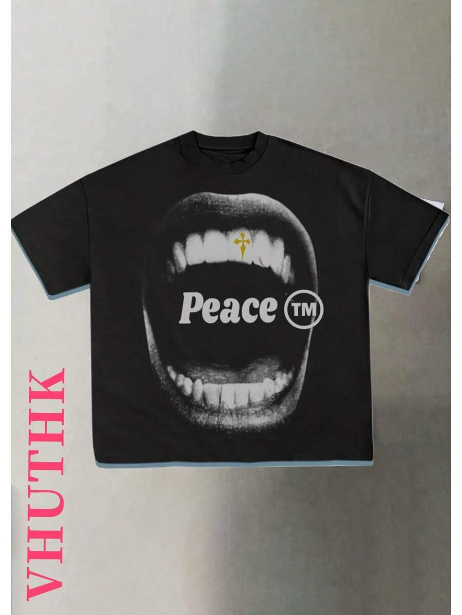 VHUTHK (220 Pure Cotton T-Shirt)    Men's Summer Round Neck Short Sleeved Casual Pure Cotton Print  Y2k Style - 黑色 - 查看 1