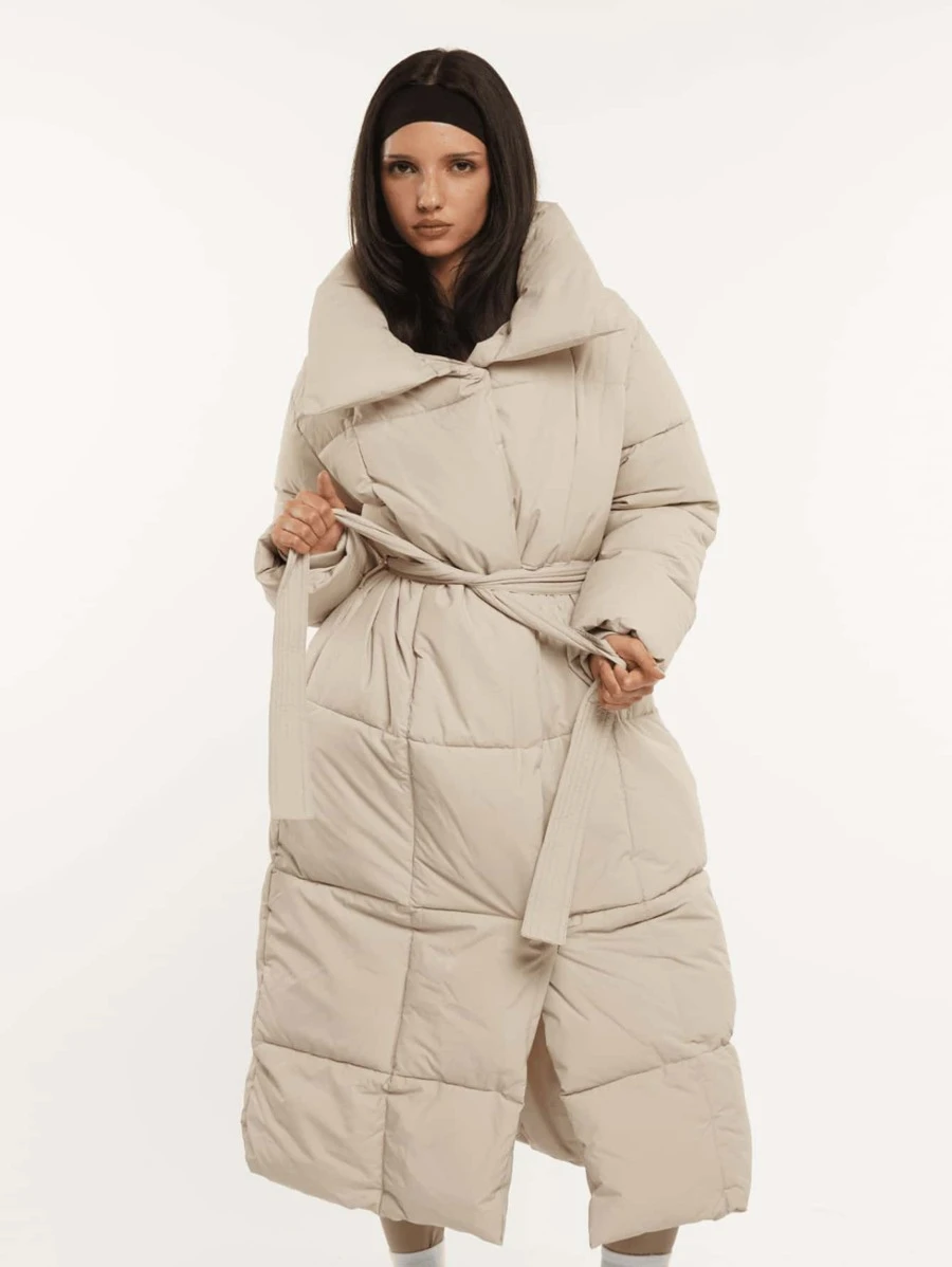 Women Long Puffer Jacket Belted Winter Water Repellent Wind-Resistant Ladies Classic Long Coat Big Pocket Large Lapel - Cream - View 1