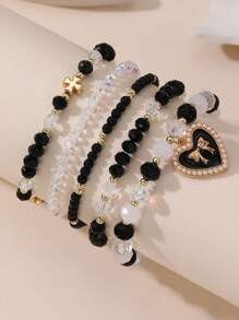 5 Pieces Girls Crystal Beaded Bracelet Set With Bow And Heart Designs - Multicolor - View 11