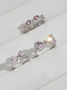 3 件/套时尚 Y2k 风格蝴蝶结心形水钻戒指套装，适合女孩，适合派对、圣诞节、情人节礼物、日常佩戴