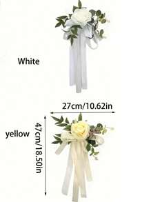 1pc/2pc/5pcs White/Yellow Rose Flower Decor Ribbon, Elegant Rose Floral With Greenery And Ribbon, Suitable For Wedding Aisle Decor, Wedding Reception Table & Chair Decor, Wedding Guest Chair Back Flowers, Birthday Party Decor, Wedding Photography Props