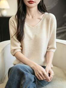 Chanyarn Women's V-Neck 100% Merino Wool Spring Cute Summer Tops First-Line Ready To Wear Seamless Soft Warm Knit Shirt Pullover Short Sleeve Sweater Shirt Business Casual Woman - Beige - View 7