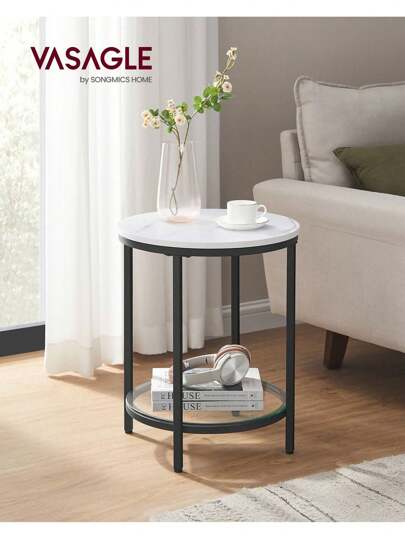  VASAGLE Bedside Table, 2-Tier Side Table, Coffee Table With Particleboard Top And Glass Shelf, For Living Room, Bedroom, Home Office, Small Spaces, Modern Minimalist, Marble White And Black